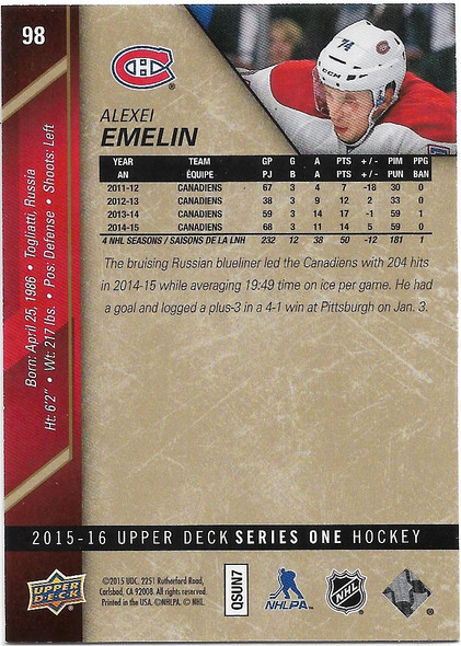 Alexei Emerlin 2015-16 Upper Deck Hockey UD Exclusives Gold Card 98 047/100