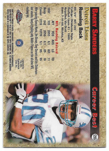 Barry Sanders 1998 Topps Chrome Quick Six Card 28