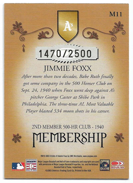 Jimmie Foxx 2003 Donruss Classics Membership Card M11 1470/2500