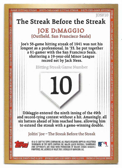 Joe DiMaggio 2007 Streak Before the Streak Card JDSF10