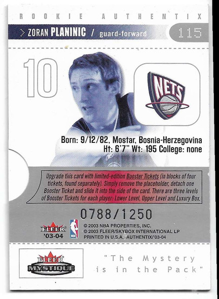 Zoran Planinic 2003-04 Fleer Authentix Card 115 0788/1250