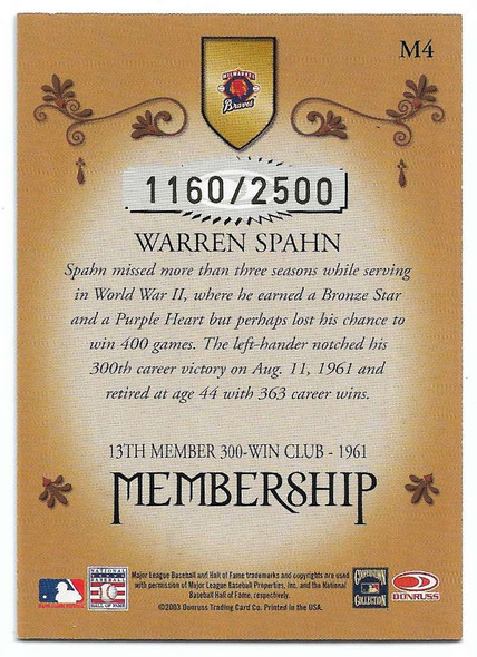 Warren Spahn 2003 Donruss Classic Membership Card M4 1160/2500