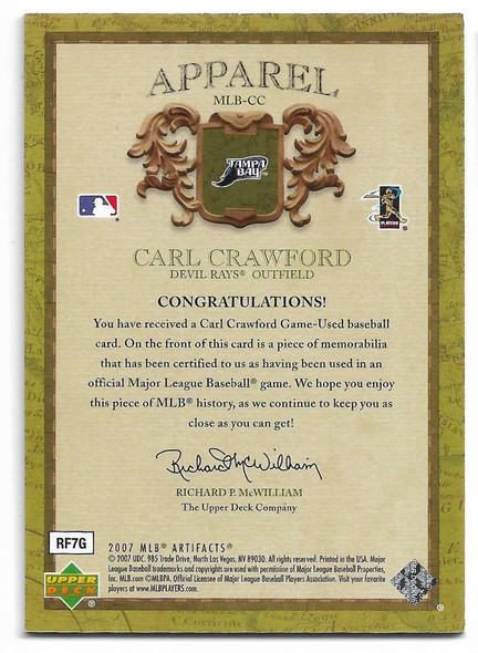 Carl Crawford 2007 Upper Deck Artifacts MLB Apparel Gold Card MLB-CC