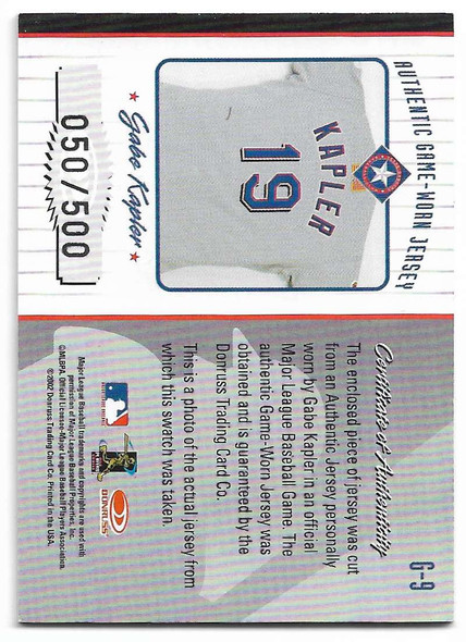 Gabe Kapler 2002 Donruss Original Gamers Jersey Card G-9