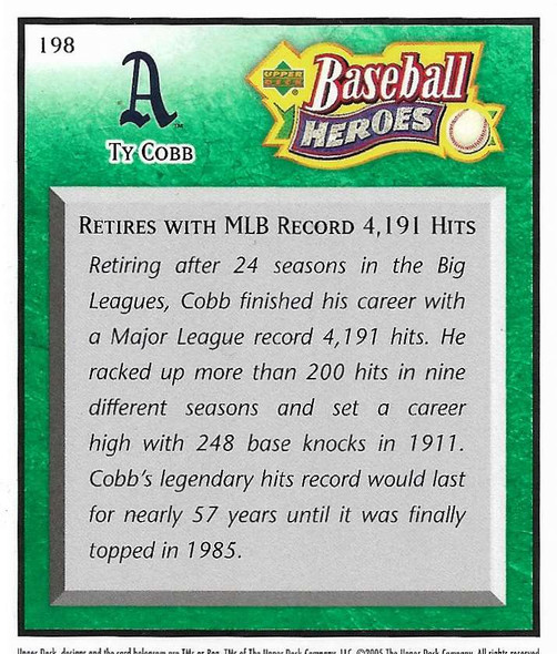Ty Cobb 2005 Upper Deck Baseball Heroes Emerald Card 198 174/199