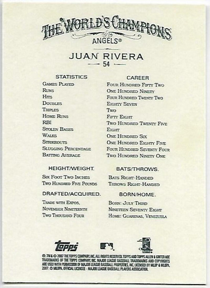 Juan Rivera 2007 Allen & Ginter's Card 54