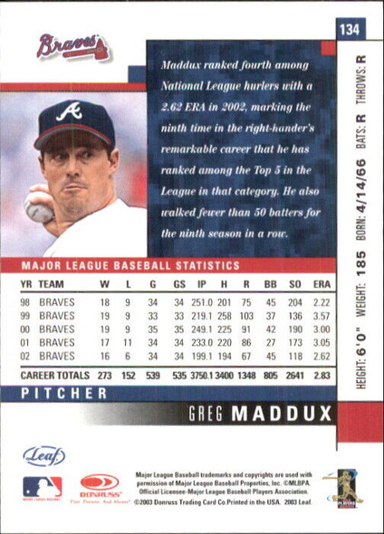 Greg Maddux 2003 Leaf Card 134