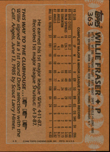 Willie Fraser 1988 Topps Card 363