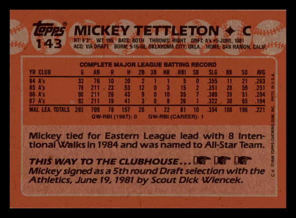 Mickey Tettleton 1988 Topps Card 143