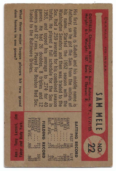 Sam Mele 1954 Bowman Card 22