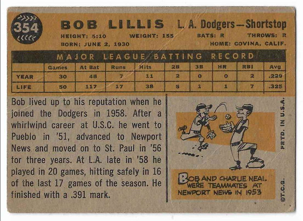 Bob Lillis 1960 Topps Card 354
