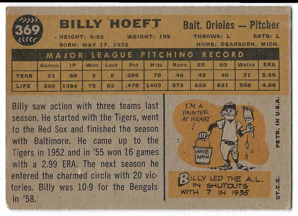 Billy Hoeft 1960 Topps Card 369