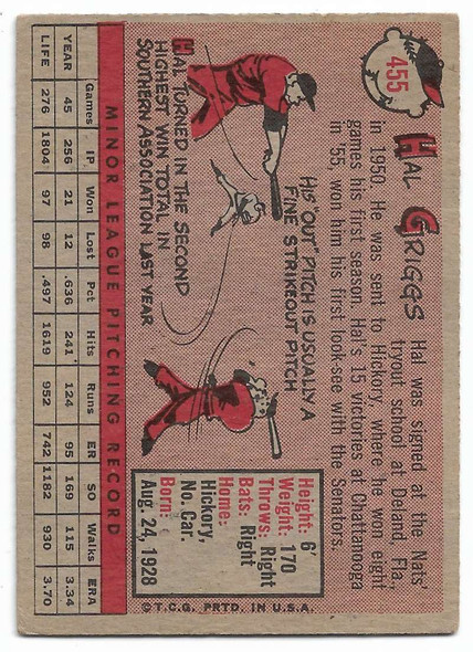 Hal Griggs 1958 Topps Card 455