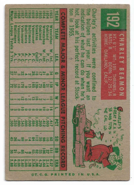 Charley Beamon 1959 Topps Card 192