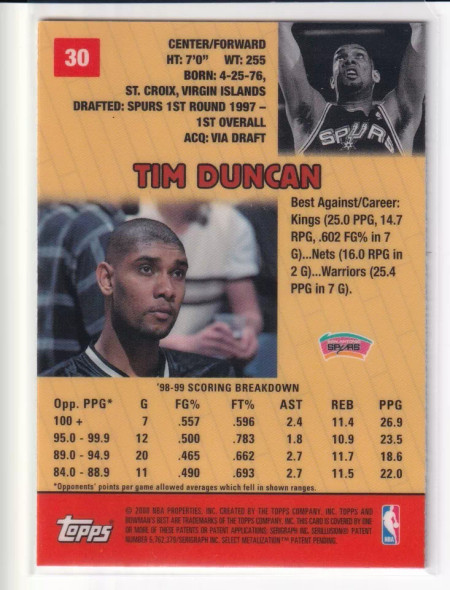 Tim Duncan 1999-00 Bowman's Best Card 30