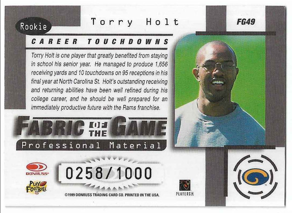 Torry Holt 1999 Leaf Limited Fabric of the Game Card FG-49