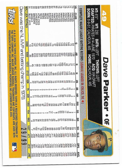 Dave Parker 2004 Topps Retired Edition Black Border Card 49 29/99