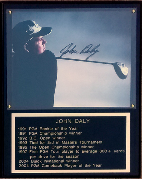 John Daly Autographed 8x10 Photo in 12x15 Stats Plaque