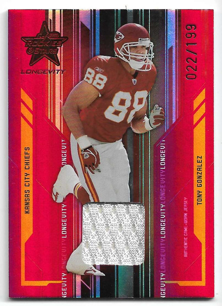 Tony Gonzalez 2005 Leaf Rookies and Stars Longevity Gold Jersey Card 49 022/199