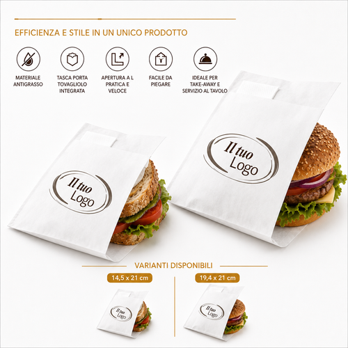 PORTA PANINO ANTIGRASSO BIANCO PERSONALIZZATO CON TASCA PORTA TOVAGLIOLO