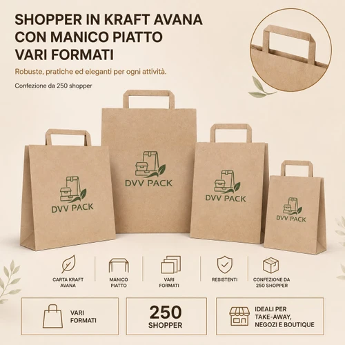 SHOPPER IN CARTA KRAFT AVANA PERSONALIZZATE CON MANICO PIATTO – VARI FORMATI