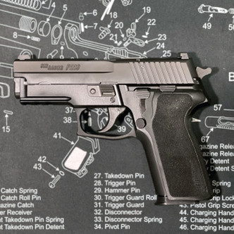 Left Side of Sig Sauer P229 9mm 4" barrel handgun for sale at CM Ammo and Firearm Supply at 4464 industrial St Simi Valley, CA 93063 805-222-6797