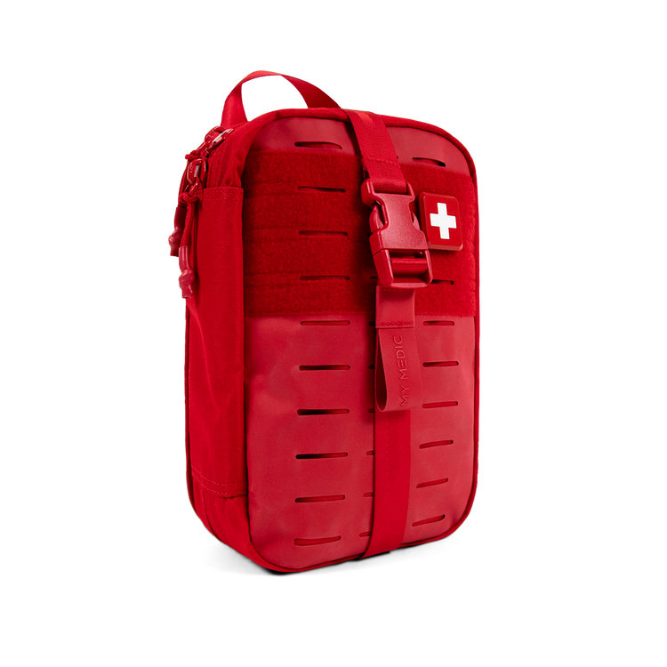 My Medic MyFAK first aid kit in Red. Molle straps on bag to add accessories. Life saving and first aid devices.