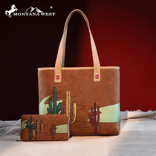 Montana West Embroidered Desert Cactus Tote w/Wallet Set