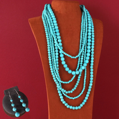 Rustic Couture Turquoise Beaded Layered Necklace & Earrings Set RNS-1010