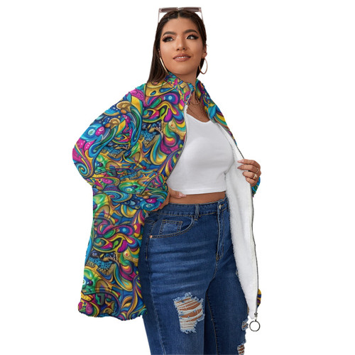 All-Over Print Unisex Borg Fleece Stand-up Collar Coat With Zipper Closure(Plus Size) PB76C