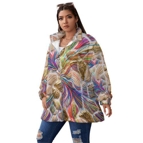 All-Over Print Unisex Borg Fleece Stand-up Collar Coat With Zipper Closure(Plus Size) PB798