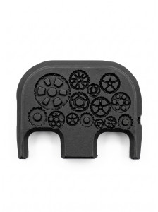 Interlocking mechanical gears laser engraved black Cerakote aluminum slide back plate for Glock pistols