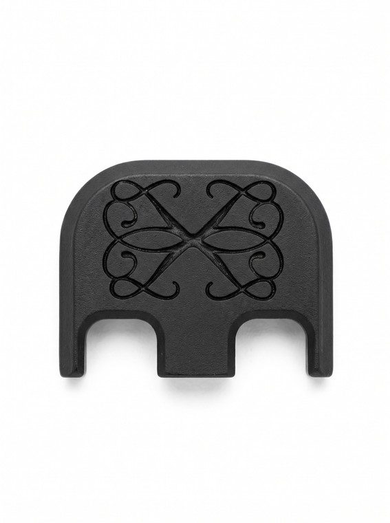 Decorative scroll laser engraved black Cerakote aluminum slide back plate for Glock pistols
