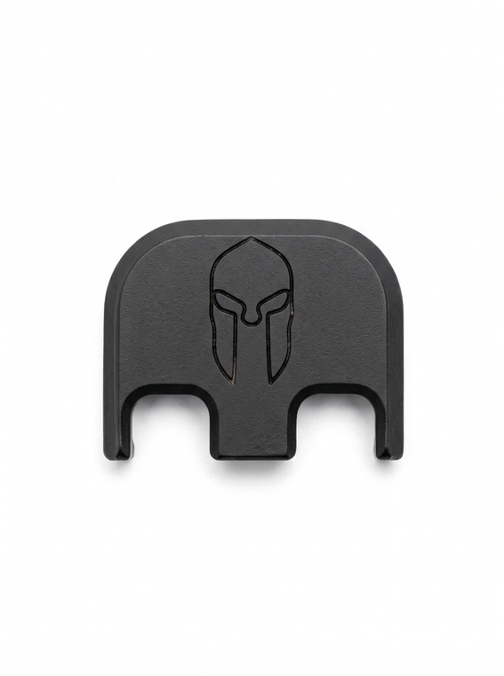 Spartan helmet laser engraved black Cerakote aluminum slide back plate for Glock pistols