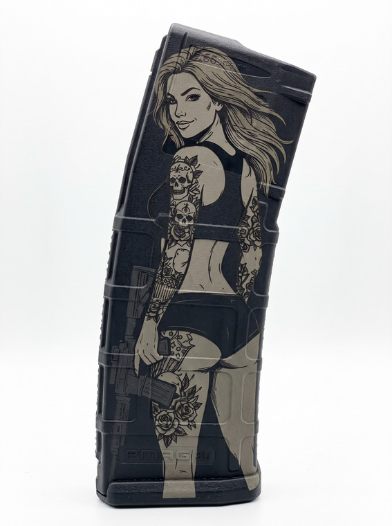 Ink & Iron tattooed pinup girl holding AR-15 laser engraved black Magpul PMAG 30 GEN M3 5.56 223 magazine