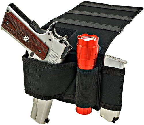 Explorer Adjustable Under Mattress Bedside Pistol Holster Car Seat Desk Closet Gun Handgun Holster with Flashlight Loop Magazine Holder (Black Bed Holster)