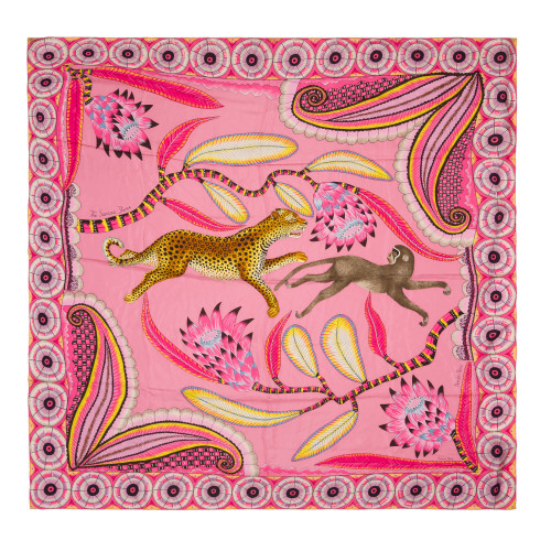 Carré en soie HERMES "THE SAVANA DANCE" ROSE ET JAUNE EN SOIE -100684