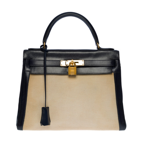 SAC À MAIN HERMES KELLY 28 RETOURNE BI-MATIERE EN CUIR BOX MARINE ET TOILE BEIGE-100650