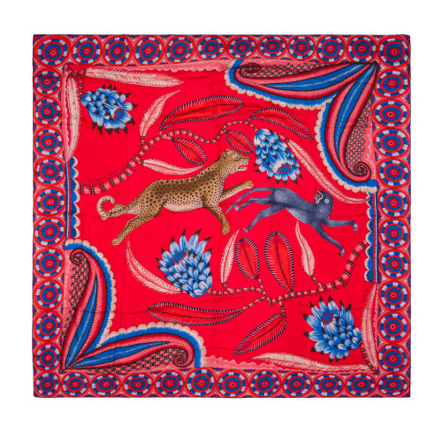 Carré HERMES "THE SAVANA DANCE" ROUGE ET BLEU EN SOIE -100685