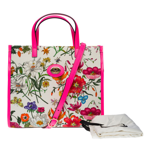 CABAS GUCCI FLORA EN TOILE ET CUIR ROSE FLUO-150289361