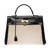 SUPERBE SAC À MAIN HERMES KELLY 35 RETOURNE BI-MATIÈRE EN CUIR BOX NOIR ET TOILE BEIGE - 112352566