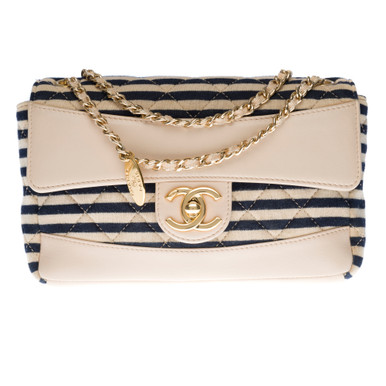 SAC BANDOULIÈRE CHANEL NEW MINI TIMELESS EN CUIR BEIGE ET COTON RAYÉ BLEU  MARINE -121202598 - houlux