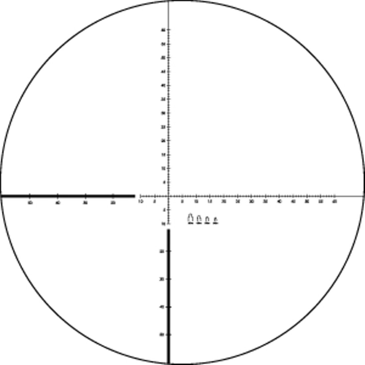 RANGING RETICLE 
Hashmarked ranging reticle using mrad based subtension lines for ranging, holdover, and windage corrections. Quick-ranging silhouettes.