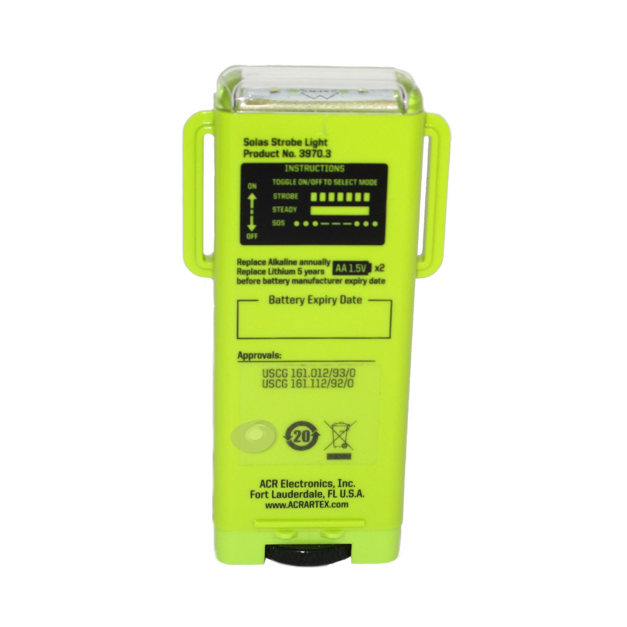 With a single set of AA alkaline batteries, (Skippersmate recommends Lithium batteries) the Firefly PRO will continuously strobe for over 56 hours or use the Steady-On feature for 28 hours. That is twice as long as our competitors and exceeds USCG and SOLAS requirements by over 48 hours.