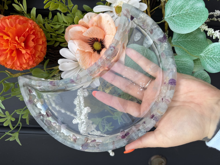 Crystal Resin Crescent Moon Trinket Tray – Fluorite & Aquamarine