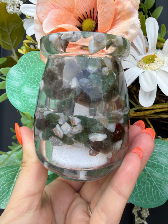 Green Apatite, Smoky Quartz & Flower Agate Tea Light Holder / Trinket Jar