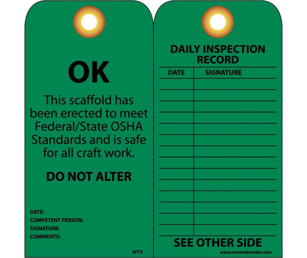 Scaffold Inspection Tag - 25 Pack OK THIS SCAFFOLD HAS BEEN ERECTED TO MEET FEDERAL/STATE OSHA STANDARDS