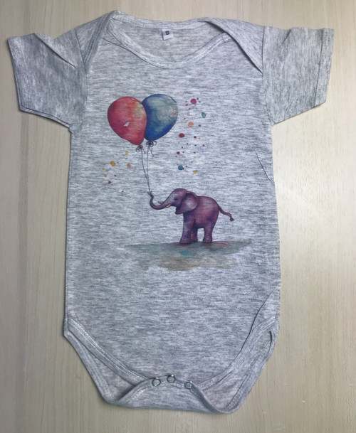 BOS-405: Elephant Baby Holding Two Balloons Grey Onesie