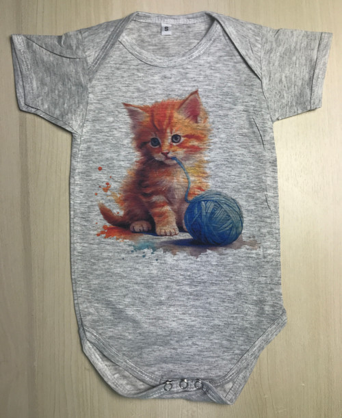 BOS-424: Kitten Playing with a Blue Ball of Yearn Grey Onesie