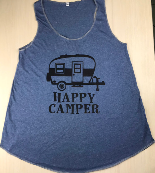 TT-758: Happy Camper Trailer on a Blue Tank Top